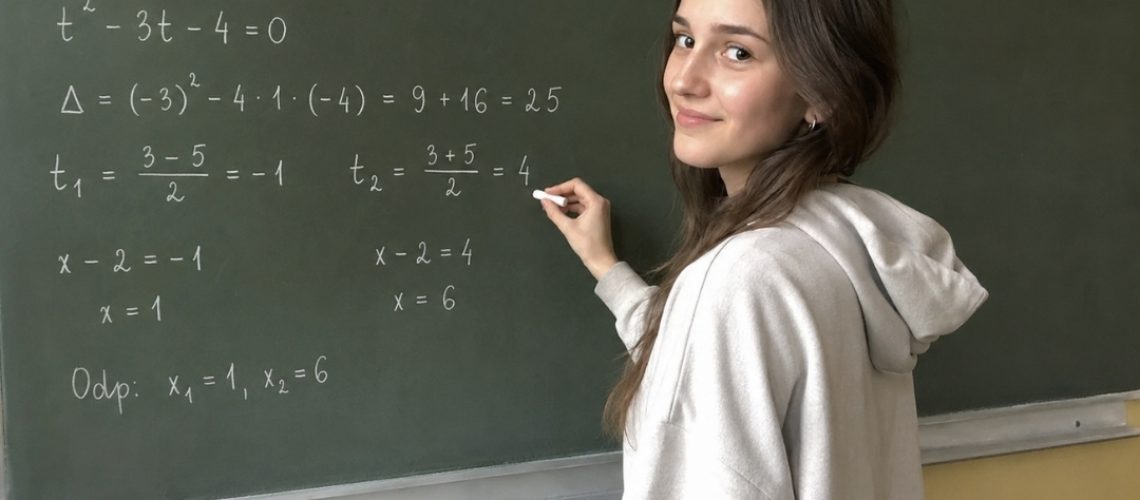 Licealistka stoi przy tablicy i z pewnością siebie rozwiązuje zadanie matematyczne.