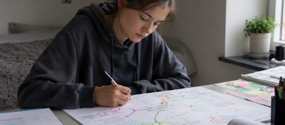 Licealistka tworzy kolorową mapę myśli przy biurku, porządkując notatki z matematyki obok podręczników i zakreślaczy.