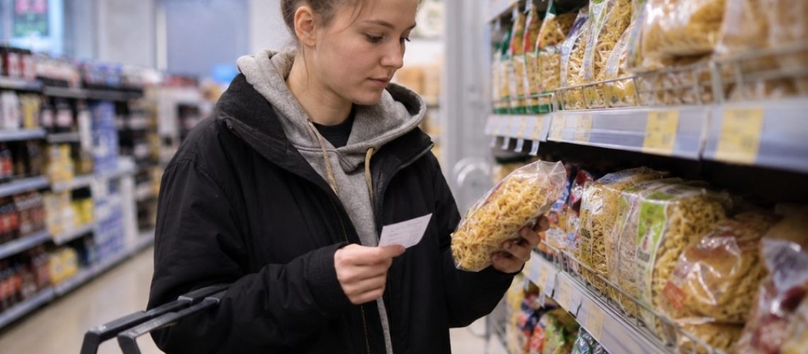 Maturzystka robi zakupy spożywcze i porównuje ceny produktów na sklepowej półce.