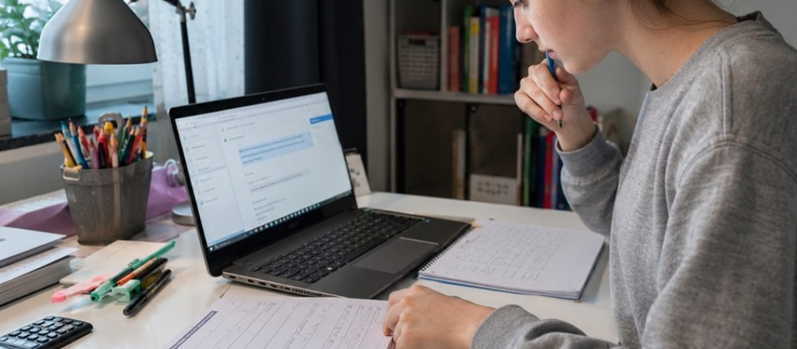 Nastolatka pracuje przy biurku w przytulnym pokoju, zapisując notatki i koncentrując się na nauce.