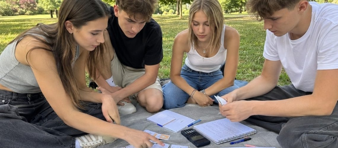 Nastolatkowie rozwiązują wspólnie łamigłówki matematyczne na świeżym powietrzu