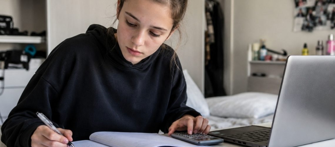 Nastolatka uczy się matematyki przy biurku, zapisując obliczenia w zeszycie obok laptopa, kalkulatora i otwartego podręcznika.