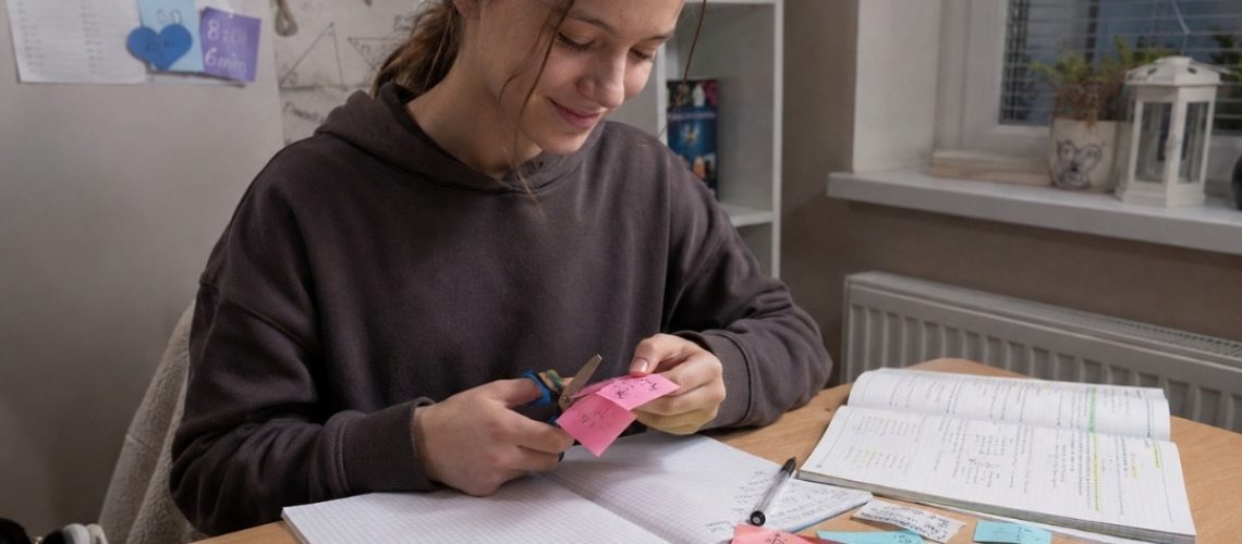 Nastolatka uśmiecha się, wycinając kolorowe karteczki z matematycznymi wzorami przy biurku.