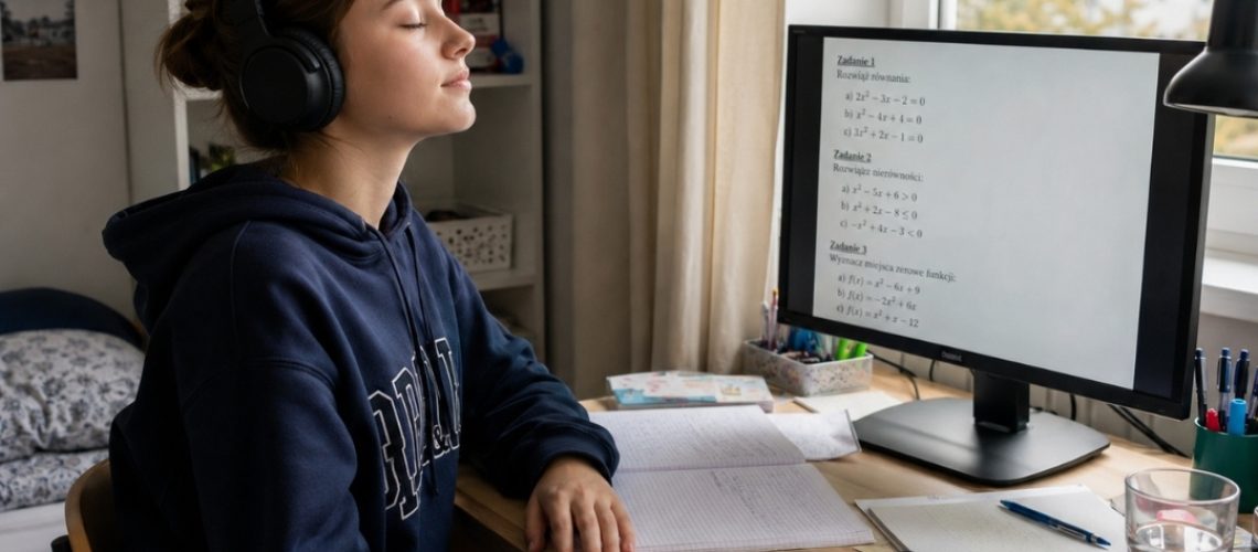Nastolatka w słuchawkach spokojnie oddycha przy biurku z monitorem pełnym zadań matematycznych.