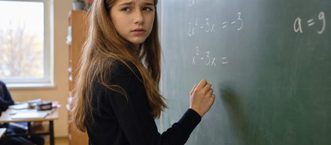 Nastolatka z niepewną miną stoi przy zielonej tablicy i pisze kredą równania matematyczne.