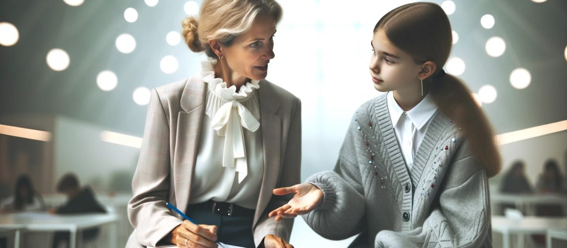 Nauczycielka tłumaczy dziewczynce zdanie