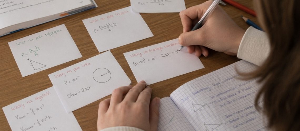 Skupiona uczennica uczy się matematyki w przytulnym pokoju, korzystając z notatek i materiałów pomocniczych.