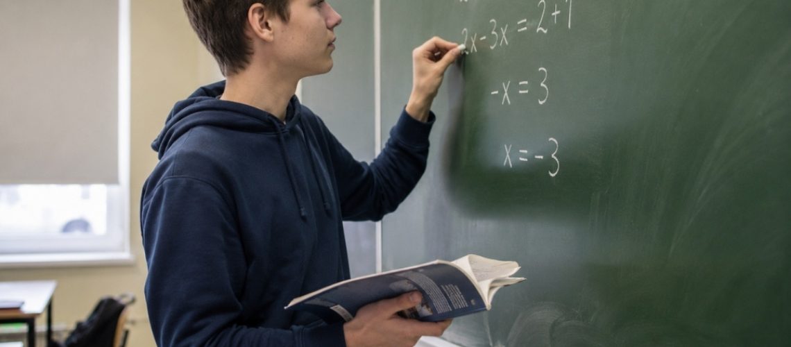 Uczeń zapisuje rozwiązanie zadania na tablicy, trzymając książkę w drugiej dłoni.