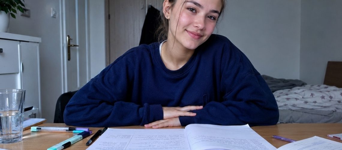 Uśmiechnięta licealistka siedzi przy biurku z gotowymi notatkami metodą Cornella, podręcznikami i przyborami do nauki.