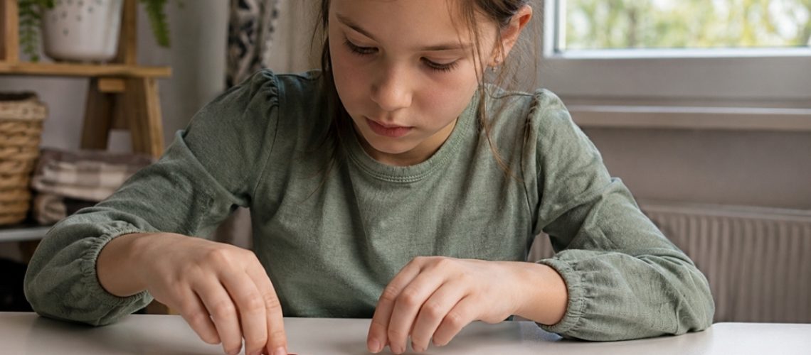Uśmiechnięte dziecko uczy się matematyki w domowym biurze przy biurku.