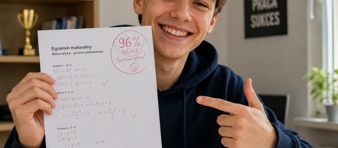Uśmiechnięty nastolatek pokazuje zdany egzamin z matematyki z wysokim wynikiem zaznaczonym na czerwono.
