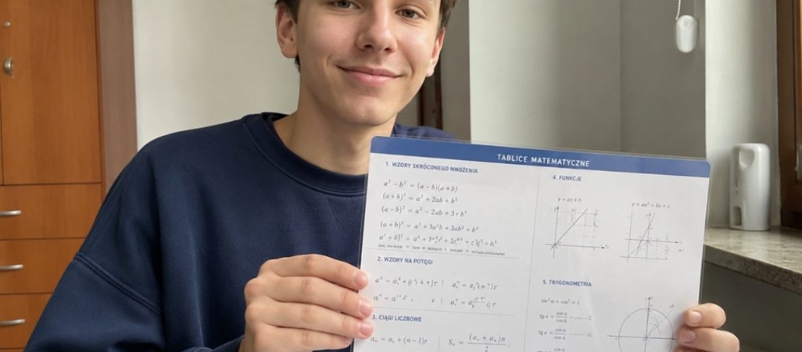 Uśmiechnięty nastolatek trzyma tablice matematyczne podczas nauki przy biurku.