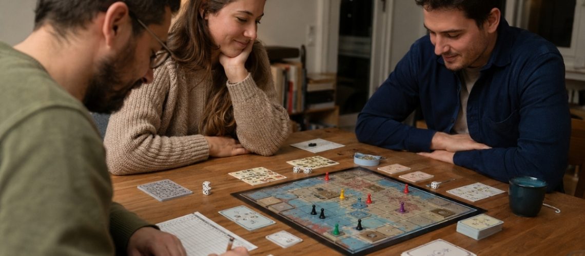 Wieczorna partia edukacyjnej gry planszowej przy stole w domu.