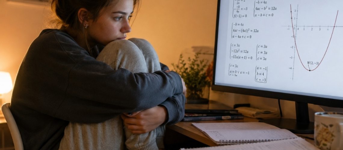 Zamyślona nastolatka siedzi podkulona na krześle i patrzy w monitor z rozwiązaniem zadania o funkcji kwadratowej.