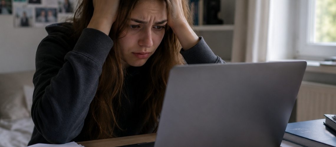 Zestresowana nastolatka łapie się za głowę, patrząc z frustracją w laptopa przy biurku z rozłożonymi notatkami.